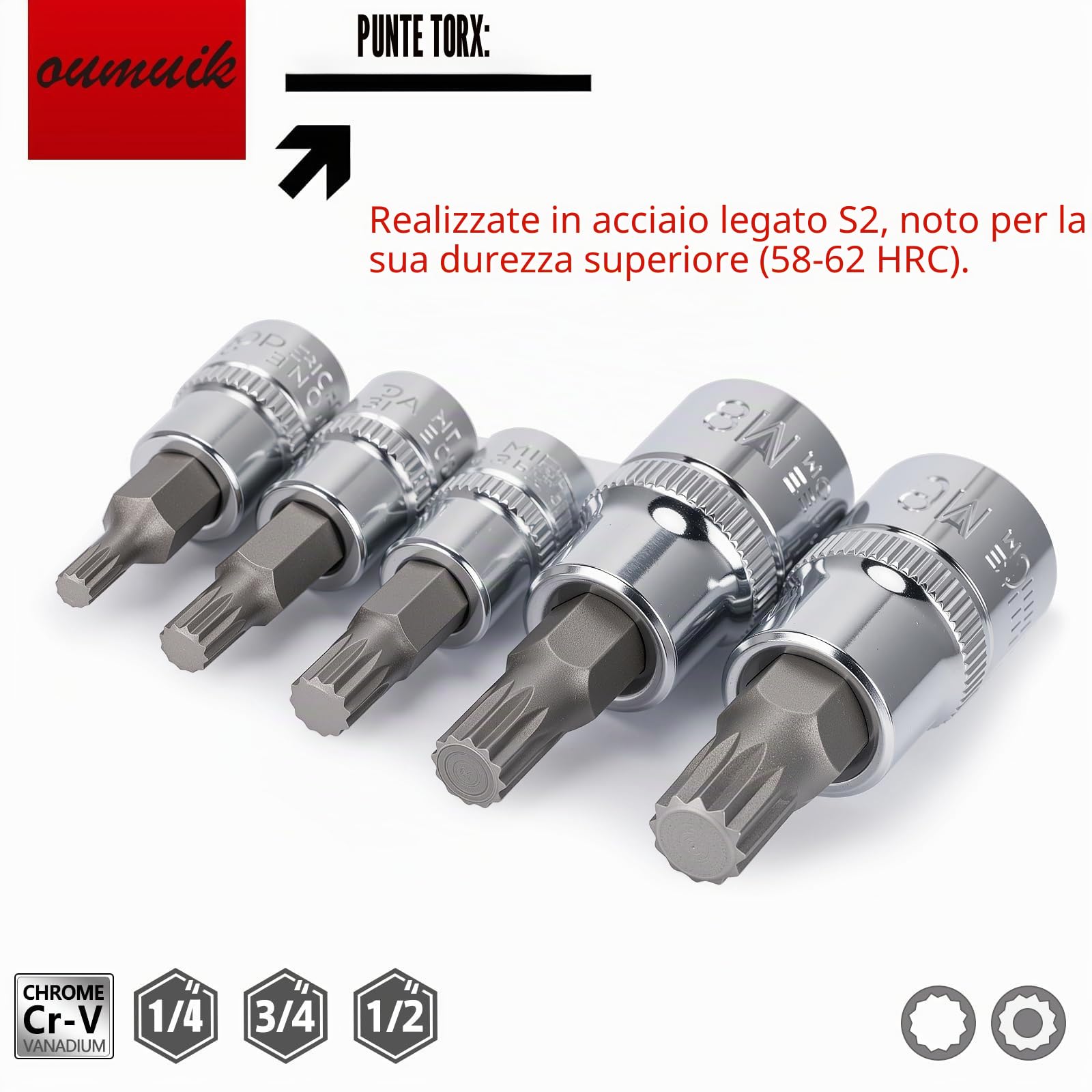 Set di 10 bussole scanalate M4 - M18 Torx Bit Set - Set di chiavi a bussola triple quadrate con custodia