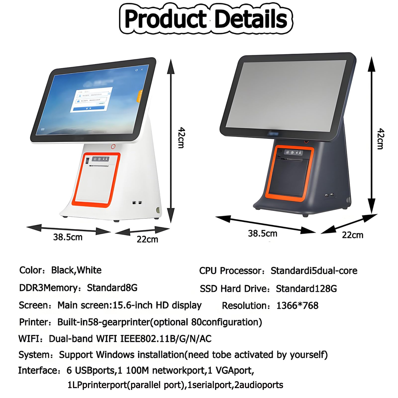 Registratore di Cassa Professionale Smart Pos all-in-One, Stampante Integrata, Touchscreen Capacitivo, Angolazione Regolabile per Vendita al Dettaglio, Ristorante E Piccole Imprese,White