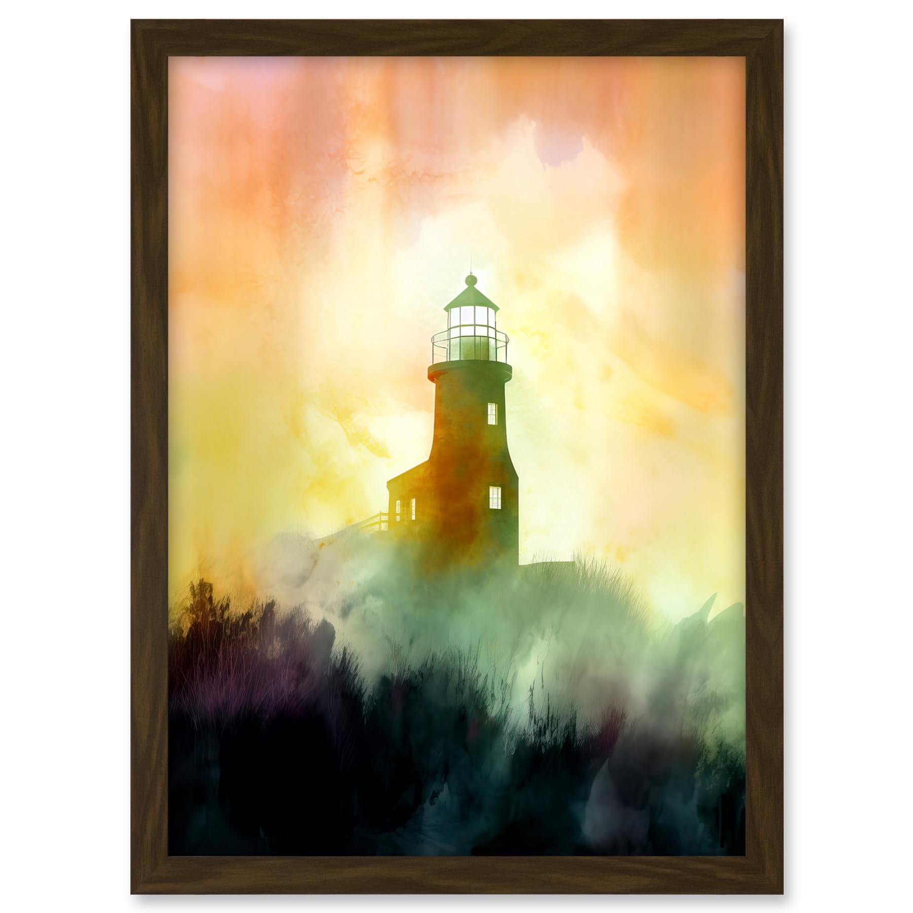 Artery8 Lighthouse in the Fog Watercolour Painting Soft Atmospheric Light Coastal Landscape Artwork Framed A3 Wall Art Print
