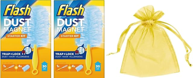 Flash Dust Magnet (Handle Size 30cm),Duster Starter Kit, Pack of Two, 2 x Handle & 2 x Refills x 4 + Our Gift for You: Organza Bag Size 9x7x0.1cm