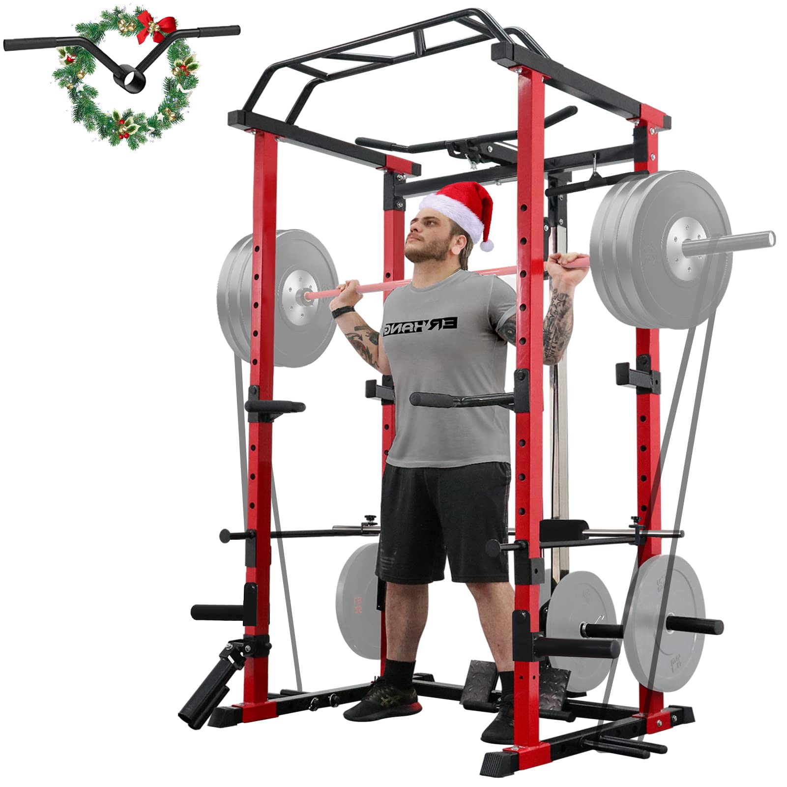 ER KANGPower Cage, 1200LBS Power Rack with LAT Pulldown, Multi-Function Squat Cage, Weight Cage with Pulley System Squat Rack for Home Gym with Training Attachment