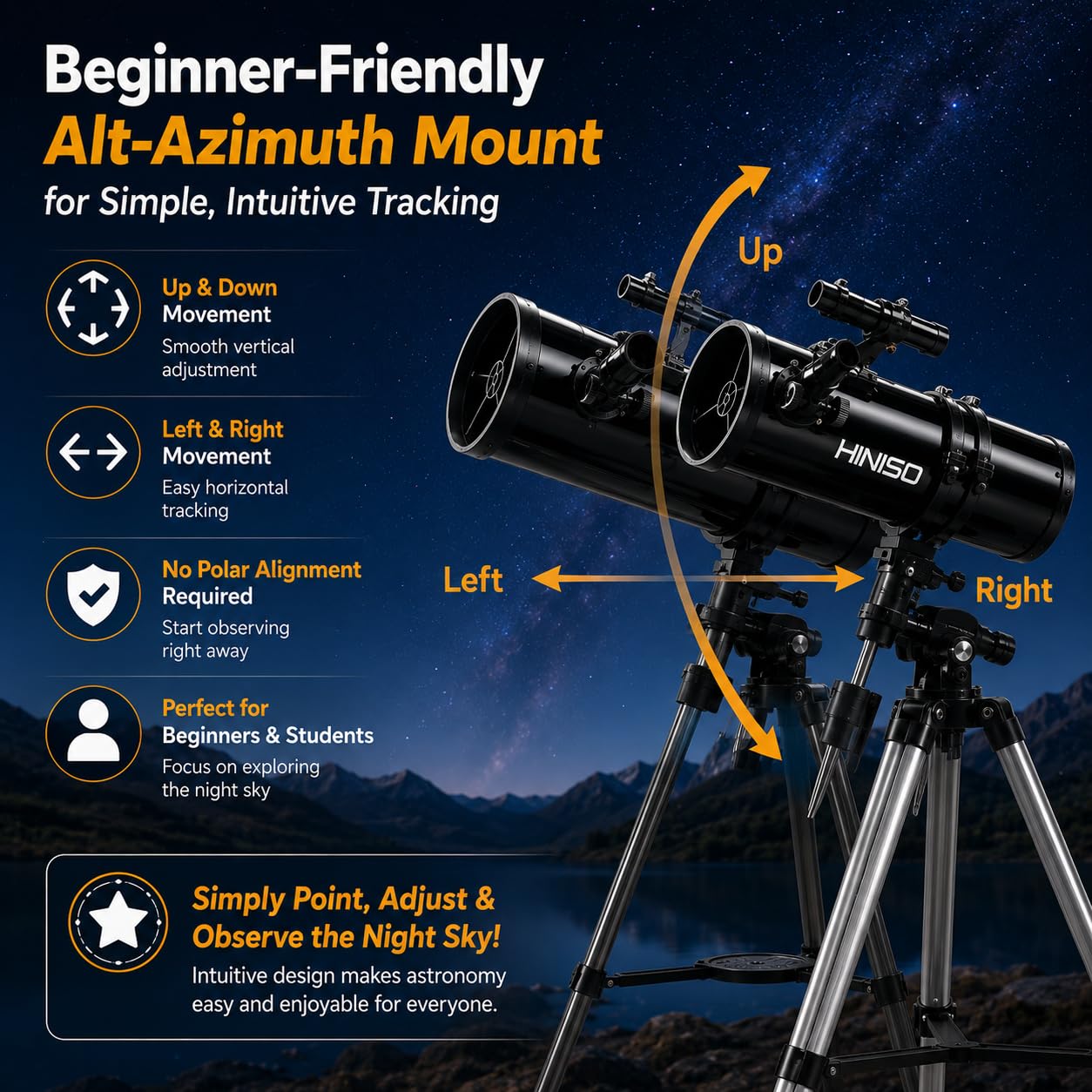 HINISO 114AZ Astronomical Telescope for Adults, Beginners & Students 114mm Reflector 1000mm Focal Length 40x–200x Magnification P.L. Series Eyepiece Bluetooth Remote, Phone Adapter & Tripod Included — Amazon image 4