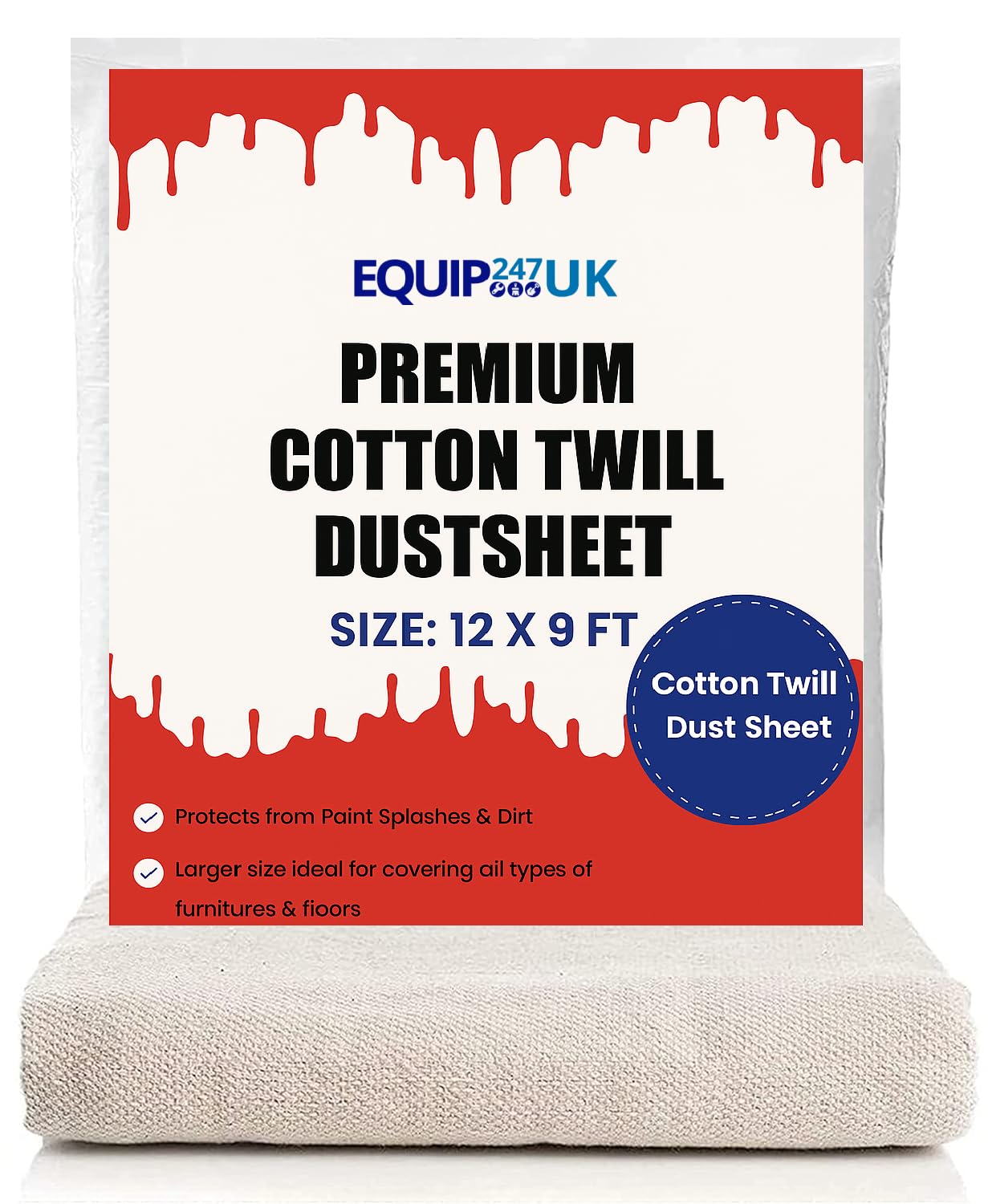5 x DUST Sheets 100% Cotton Twill. Size : 12ft x 9ft. ***Pack of 5 Sheets***
