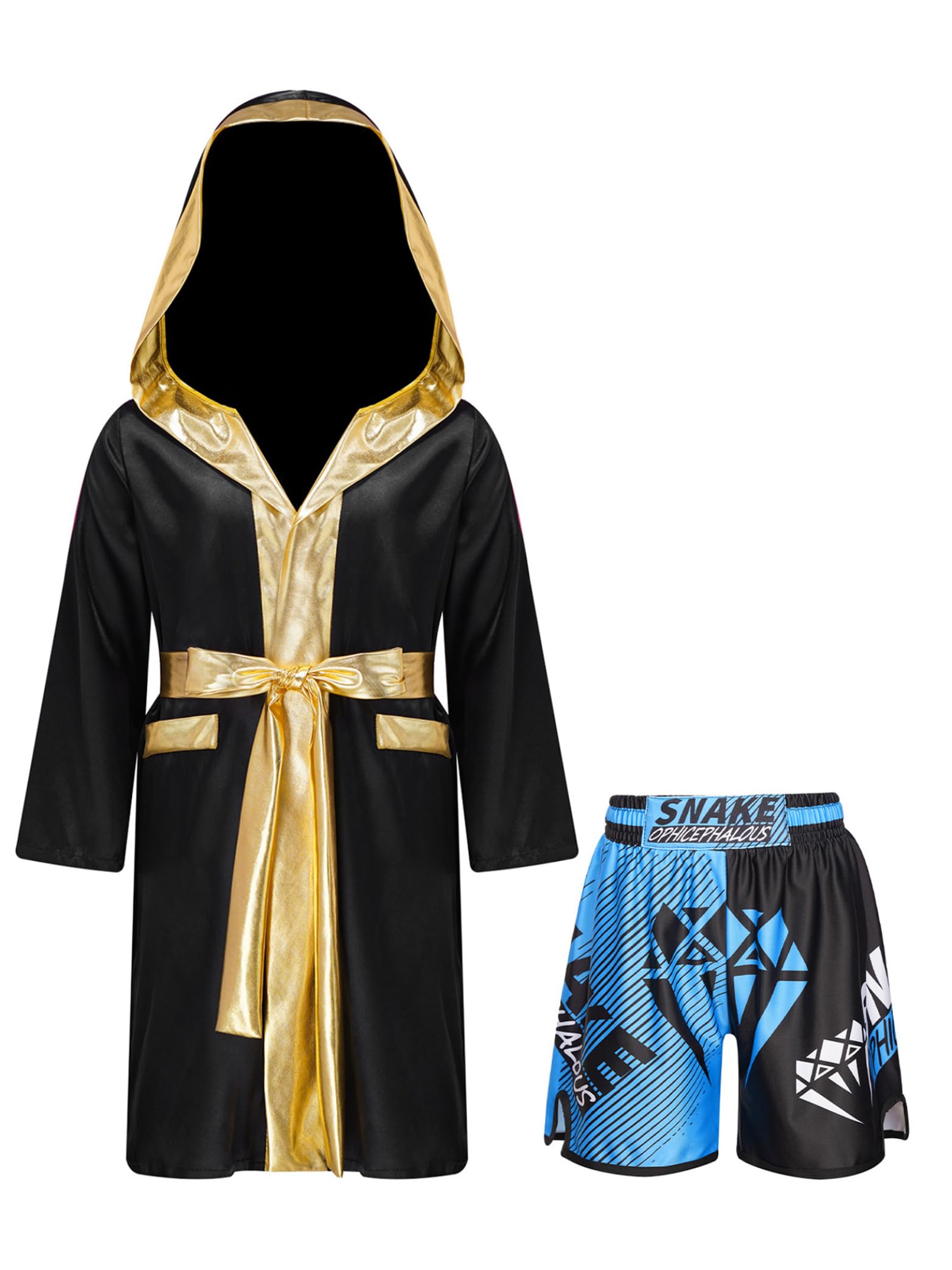 Miaeowve Kids Boys Boxing Outfit Open Front Hooded Grown Cloak Metallic Satin Robe with Belt and Boxer Shorts Set B5 5-6 Years
