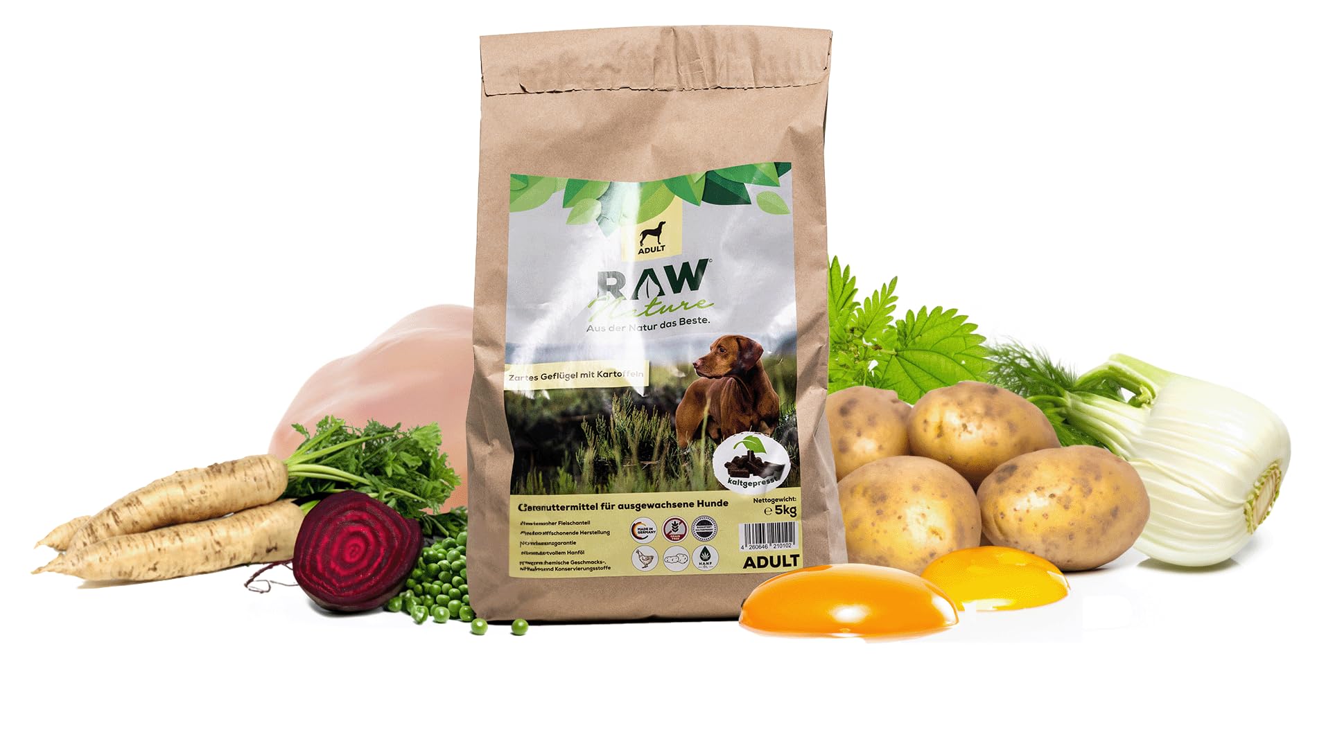 RAW Nature Trockenfutter Senior mit Huhn 12kg, Kaltgepresstes Hundefutter, Getreidefrei, 100% Muskelfleisch, hoher Fleischanteil, für alle Rassen und Sensible Hunde