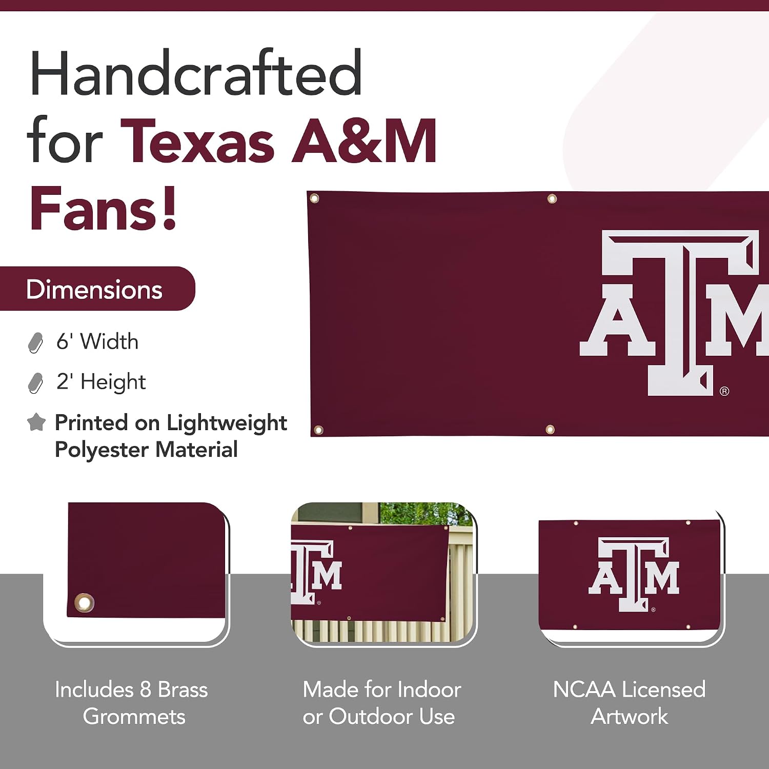 Texas A&M Aggies College Sports Printed Polyester Banner - NCAA Licensed - Hanging Graduation Decoration - School Banner (Maroon, White) (2' x 6')