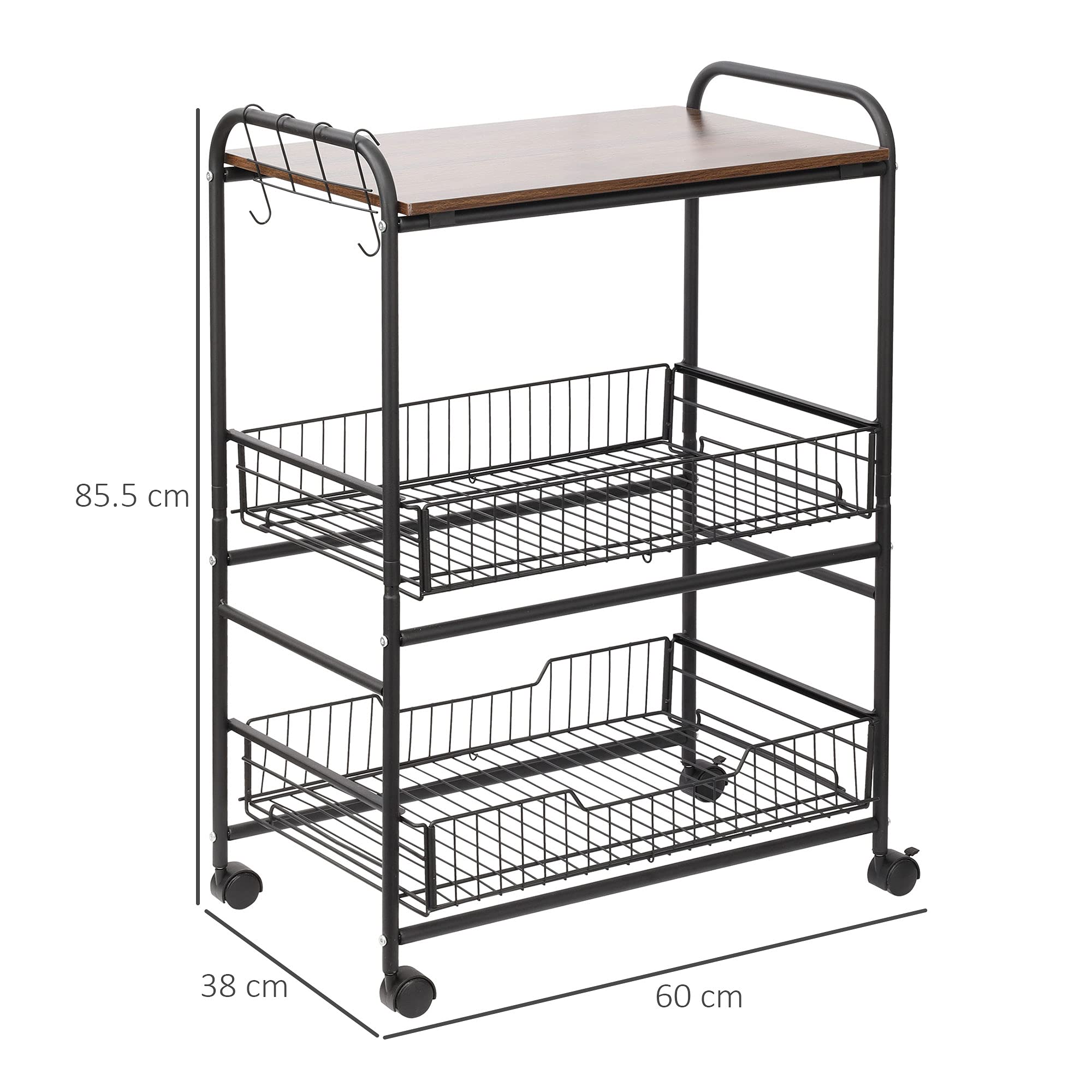 HOMCOM Carrello da Cucina Portavivande Stile Industriale con 4 Ruote, 2 Cestini e 4 Ganci, 60x38x85.5cm, Marrone Nero