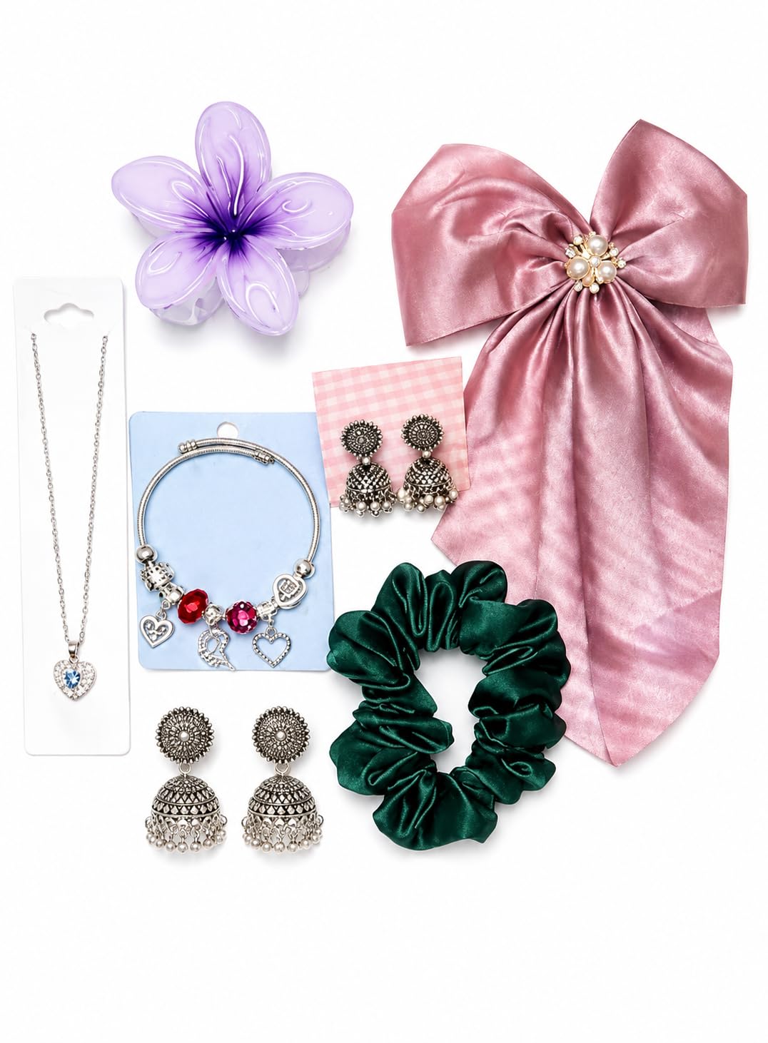 Mohmit Mart 6-Piece Fashion Accessories Gift set with Hair Bow, Pendant Chain, Bracelet, Earrings, Scrunchie, Flower Clip (Random color and design)