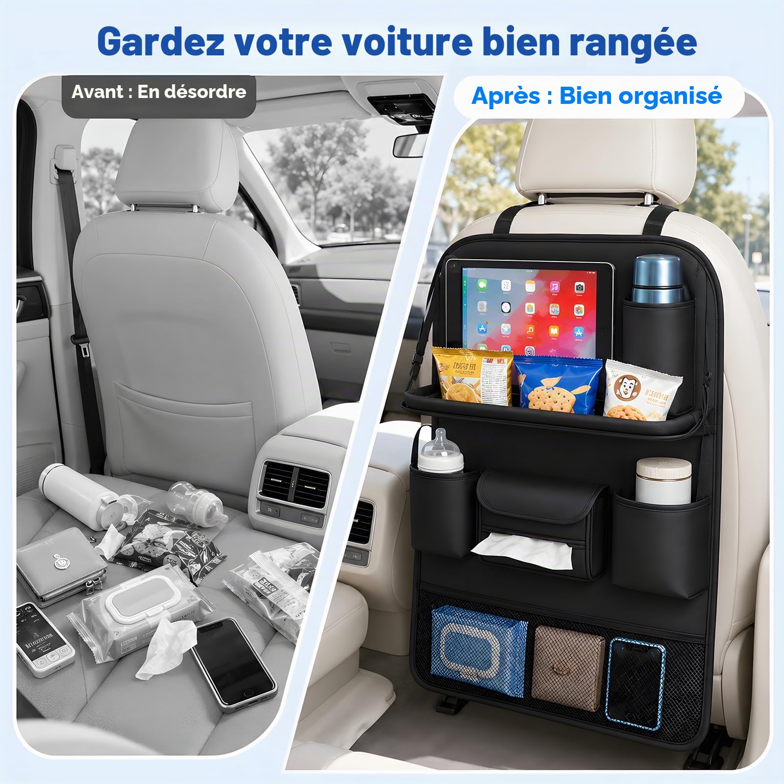 Organiseur de Siège Arrière de Voiture pour Enfants avec Table Pliante et Support de Tablette, Protection de Dossier de Siège Auto, 8 Compartiments, Noir