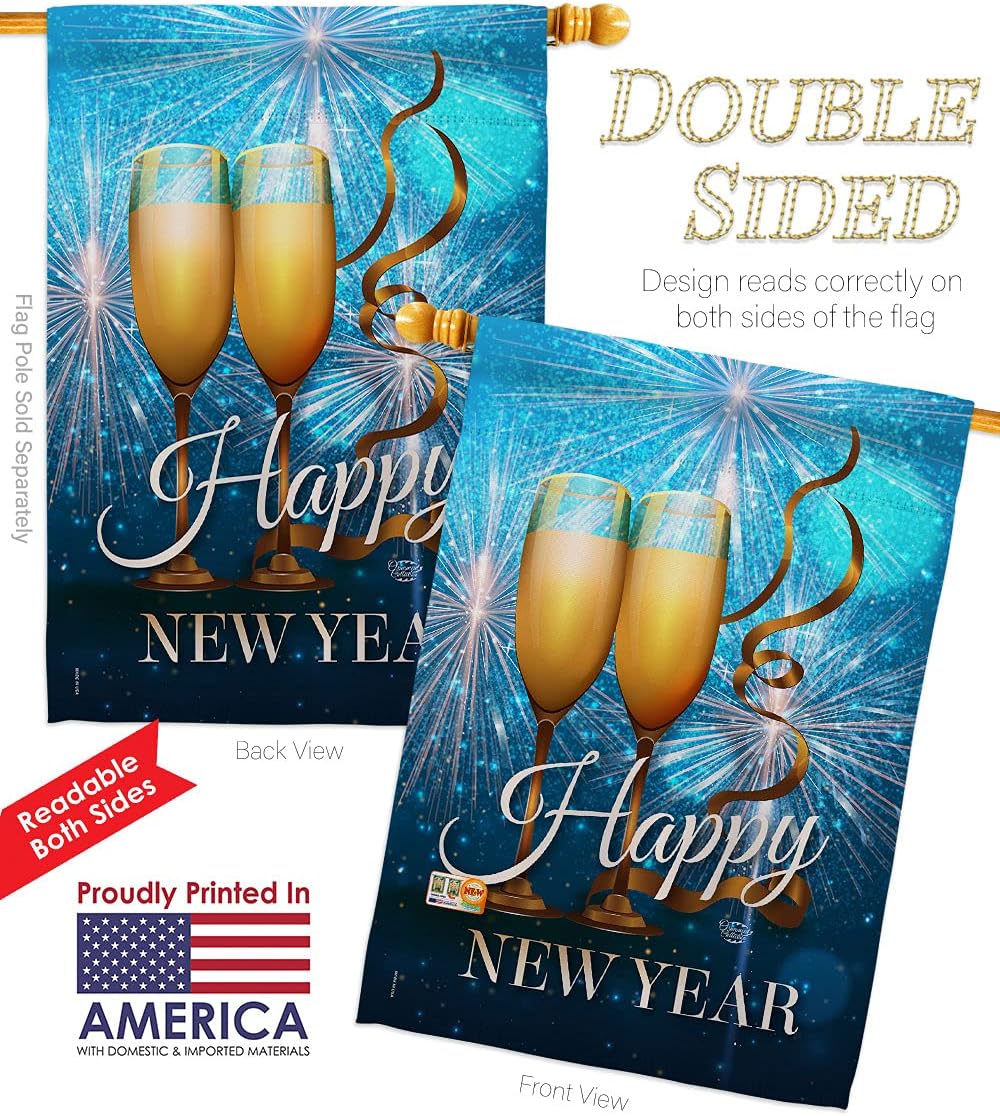 New Year Fireworks Garden House Flags Set Clock Countdown Champagne Party Celebrate Small Decorative Gift Yard Banner Double-Sided Made In USA 28 X 40