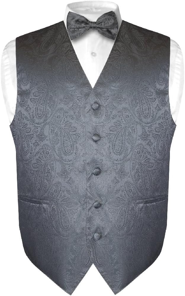 Vesuvio Napoli Men's Paisley Design Dress Vest & Bow Tie CHARCOAL GREY Color BOWTie Set
