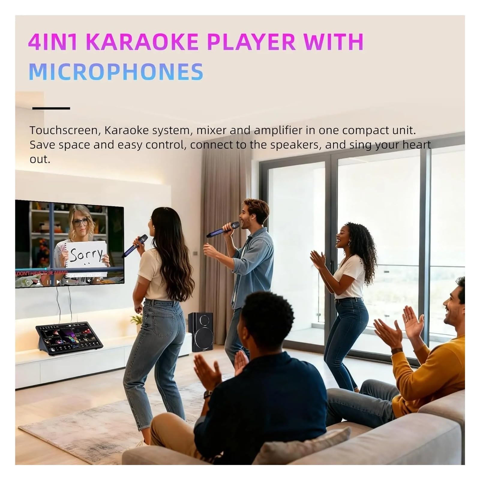 5-in-1-Karaoke-Maschine Mit Lautsprechern + Karaoke-System + 15,6-Zoll-Touchscreen + Mixer + 2 Kabellose Mikrofone Klare Tonaufnahme
