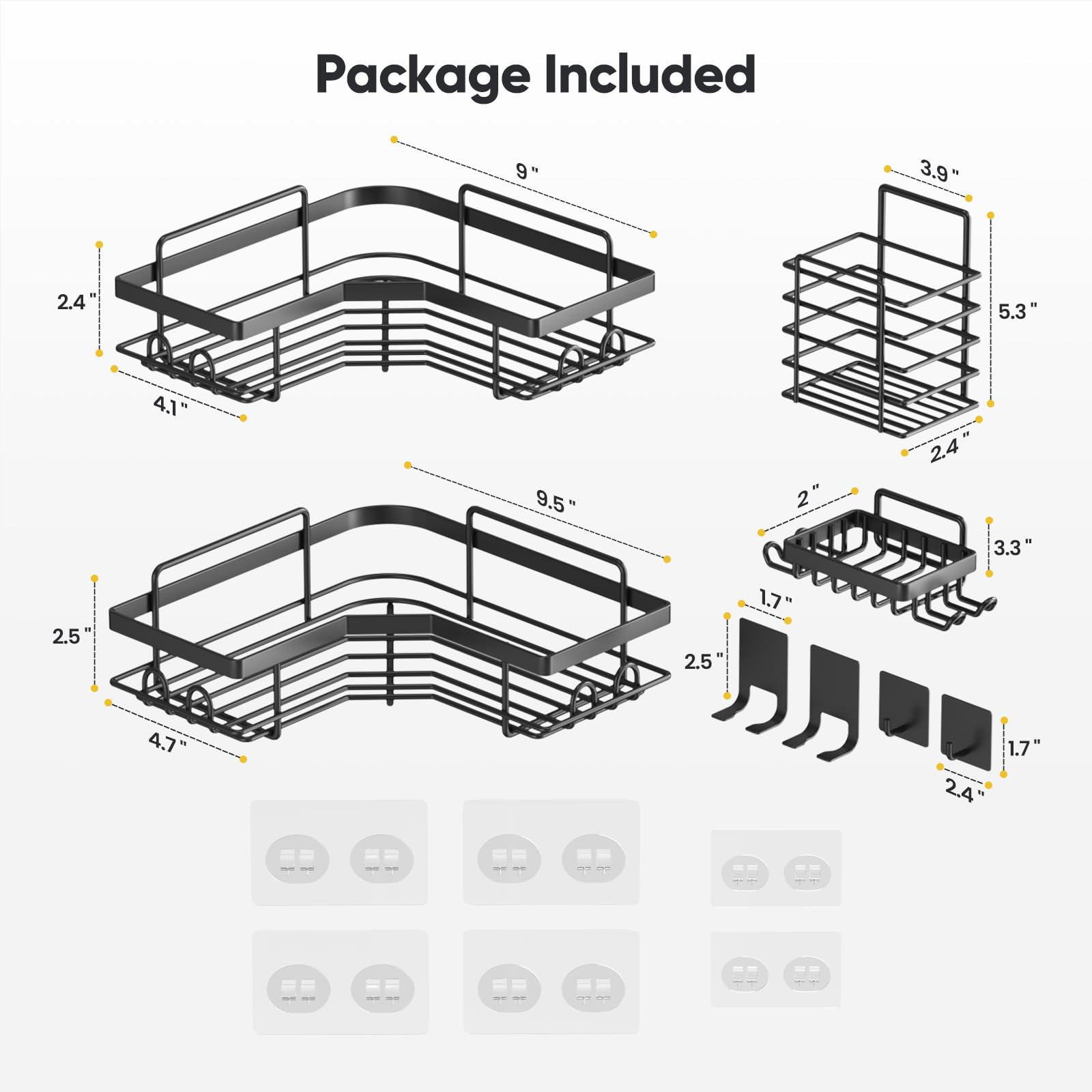 Organizador de ducha esquinero, paquete de 5 accesorios adhesivos de baño con soporte para jabón, estante organizador de ducha de acero inoxidable con 8 ganchos para baño