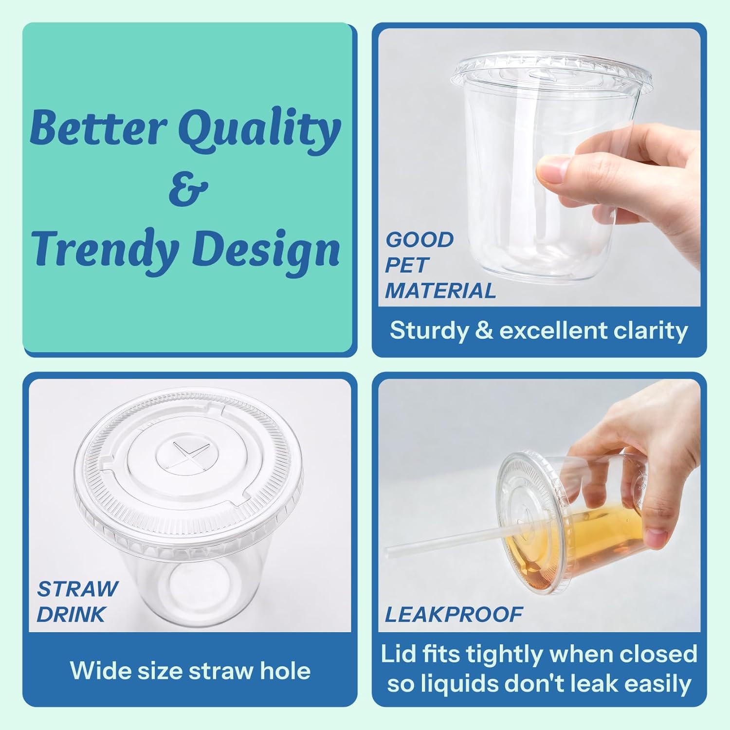 Homestockplus 100 Pack 12 oz BPA-Free Clear Plastic Cups with Lids and Straws - Leak-Proof Disposable Straw Cups, Iced Coffee Cups for Kids Drinks, Smoothies & To-Go Cold Beverages - Image 4