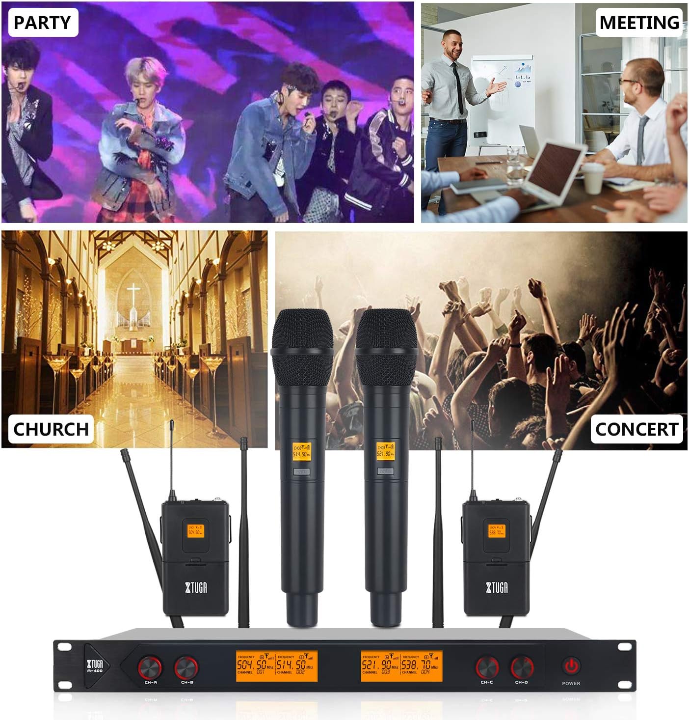 Get Discount Offer XTUGA A400 Metal receiver 4-Channel UHF Wireless Microphone System with 2 Bodypack and 2HandHled Use for Family Party, Church, Small Karaoke Night (Frequency B)