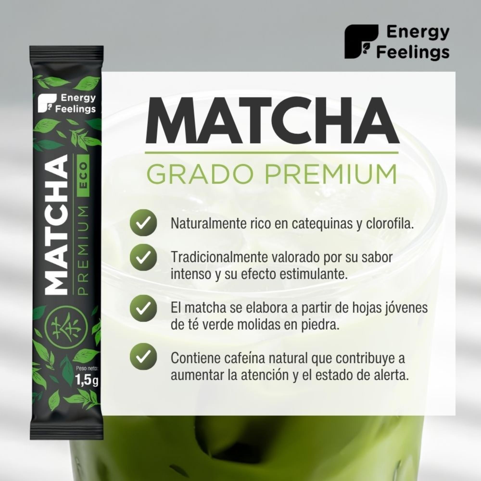 Energy Feelings Té Matcha en Polvo Premium, Pack 36 Sticks Té Verde Matcha Japonés Orgánico Puro, Rico en Antioxidantes Naturales, Green Tea Powder, Ideal para Latte, Vegano, Sin Gluten, Sin Lactosa