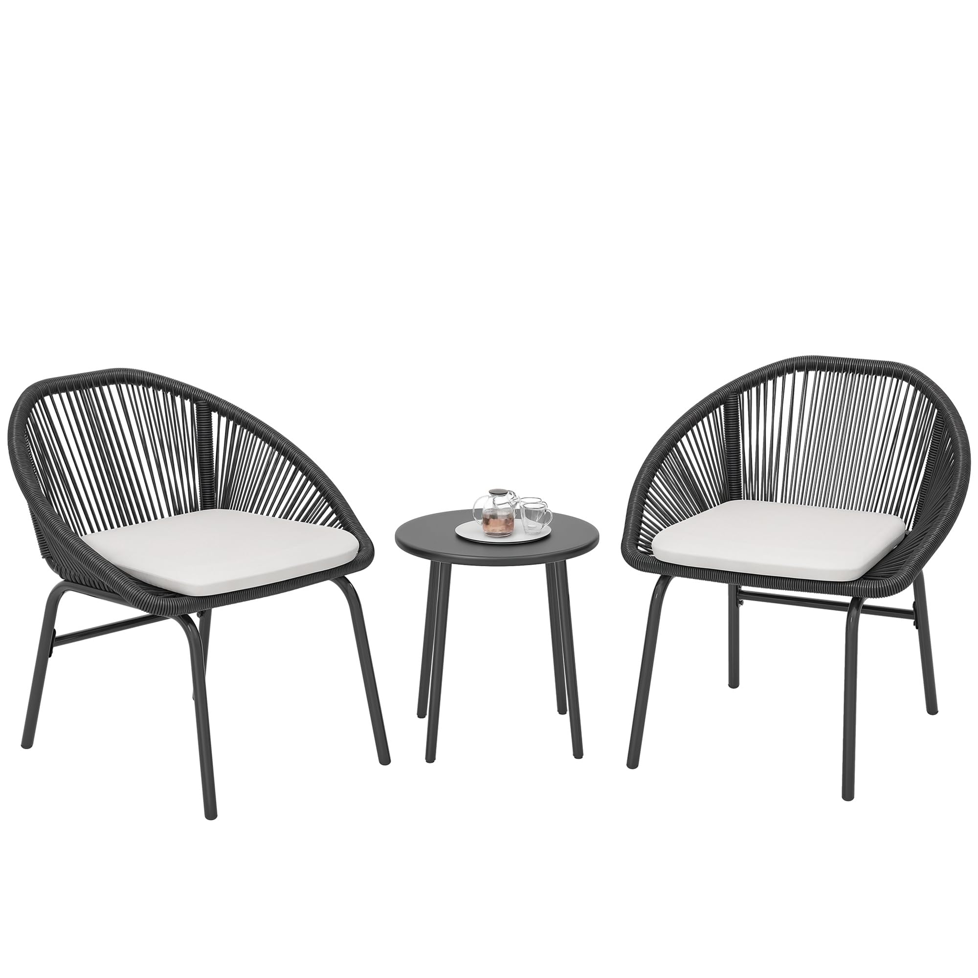 Outsunny Set da Giardino 3 Pezzi Tavolo e Sedie da Balcone Nero | Salotto da Giardino, 2 Sedie con Cuscino, Tavolino Acciaio Rattan PE, Terrazza