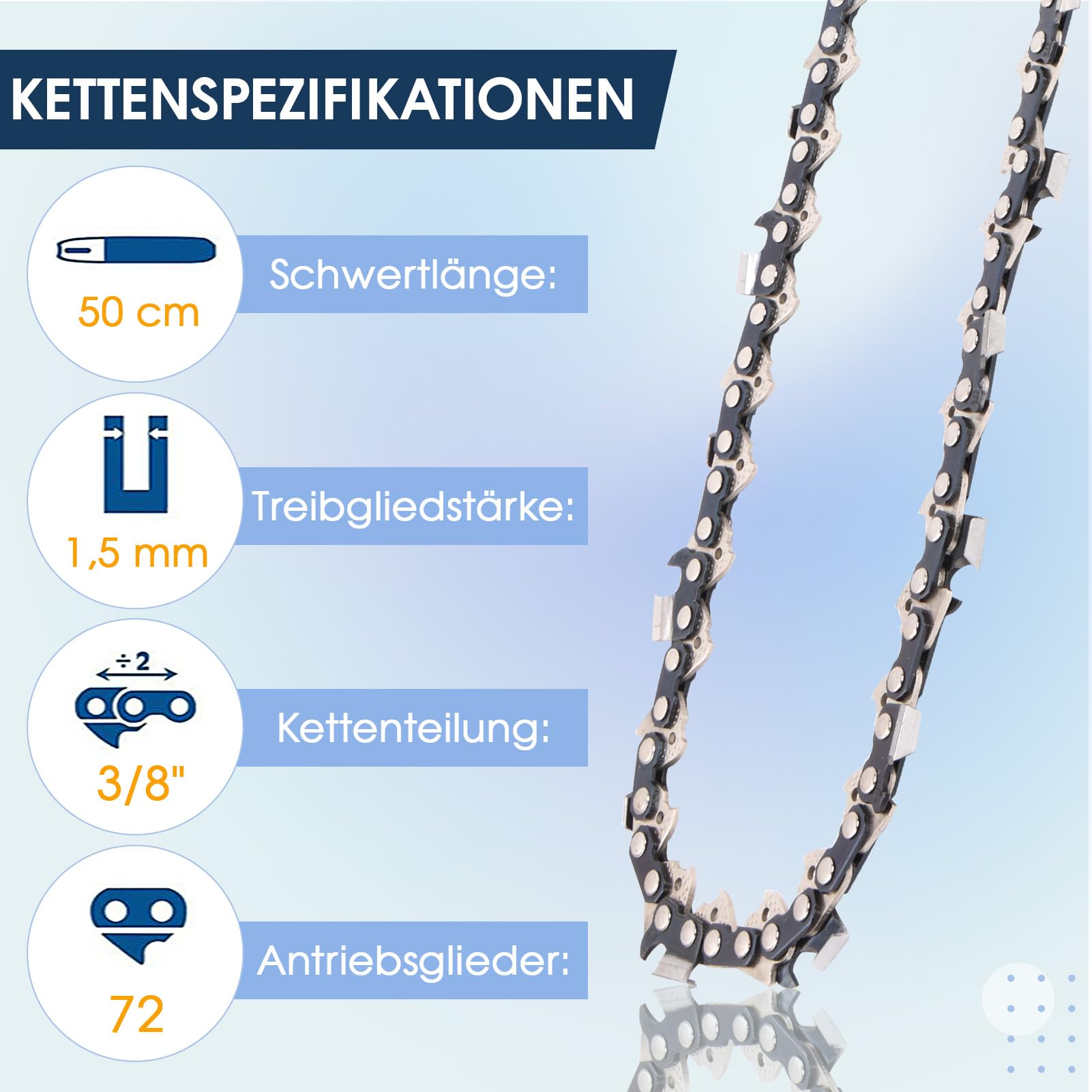 Zestaw 5 łańcuchów do piły 3/8", podziałka na miecz 50 cm – 72 ogniwa napędowe, 1,5 mm – zapasowy łańcuch kompatybilny z pilarką łańcuchową Husqvarna, Echo, Makita, Dolmar, Alpina i Efco i