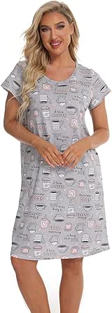 Ekouaer Nachthemd voor dames, korte mouwen, slaapshirt, lang, slaaphemd, V-hals, slaapshirt, zachte nachtkleding, huisjurk, grote maten, met zakken, A-zwart, M