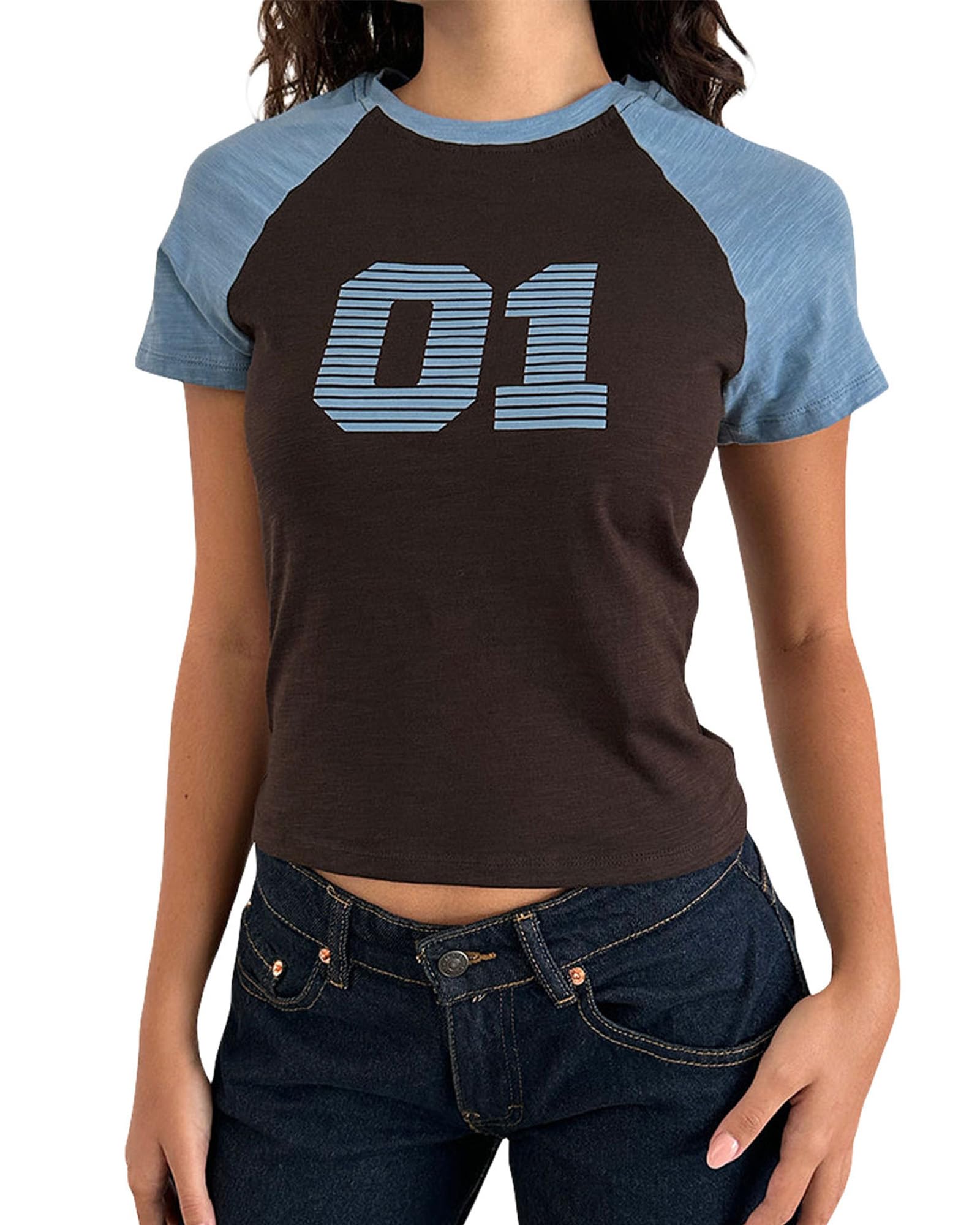 WBDWWTD T-Shirt da Donna Estiva Y2K Crop T-Shirt da Bambino con Numero Grafico Girocollo Top T-Shirt Vintage Blokecore per Ragazza Adolescente Streetwear estetico