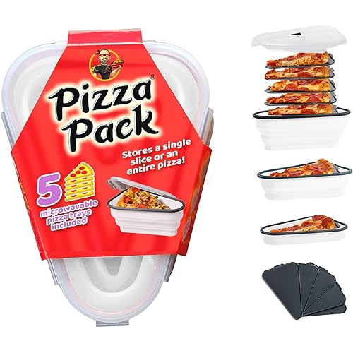 The Perfect Pizza Pack™ - Reusable Pizza Storage Container with 5 Microwavable Serving Trays - BPA-Free Adjustable Pizza Slice Container to Organize & Save Space, White