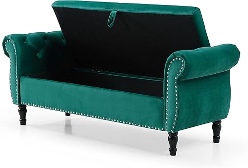 Miniatura 3 de ERDAYE Banco otomano tapizado de terciopelo de 63 pulgadas con botones y brazos enrollables patas de madera maciza recortadas y 1 almohada