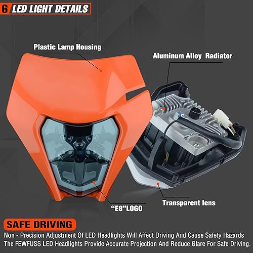 Miniatura 9 de fewfuss Faro delantero LED para moto de tierra, faro LED universal para motocicleta, kit de luces de cabeza Enduro Supermoto, naranja