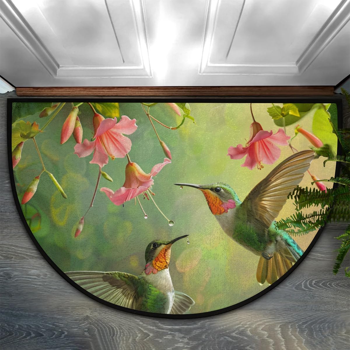 Half Round Door Mat Animal Hummingbird Flower Leaves Non-Slip Semi Circle Area Rug Washable Half Moon Hearth Rugs for Indoor Outdoor Bathroom Kitchen Patio Runner Mat Laundry Room Home Decoration