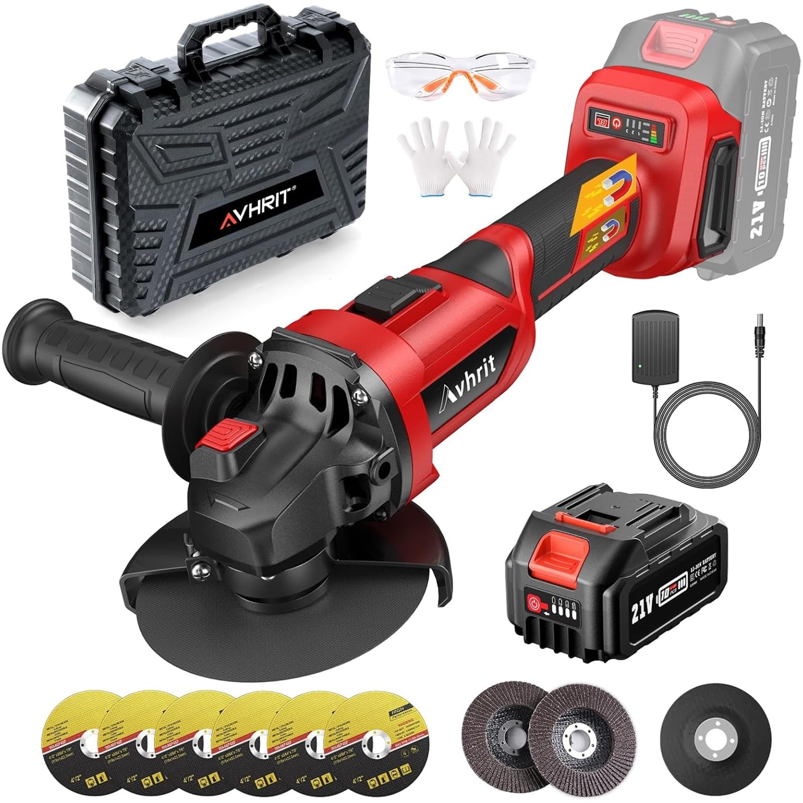 Smerigliatrice angolare a batteria 125mm, senza spazzole 9500 RPM con 1 batteria 4000mAh, smerigliatrice a batteria 21V con dischi da taglio, smerigliatrice a ventaglio per taglio e levigatura