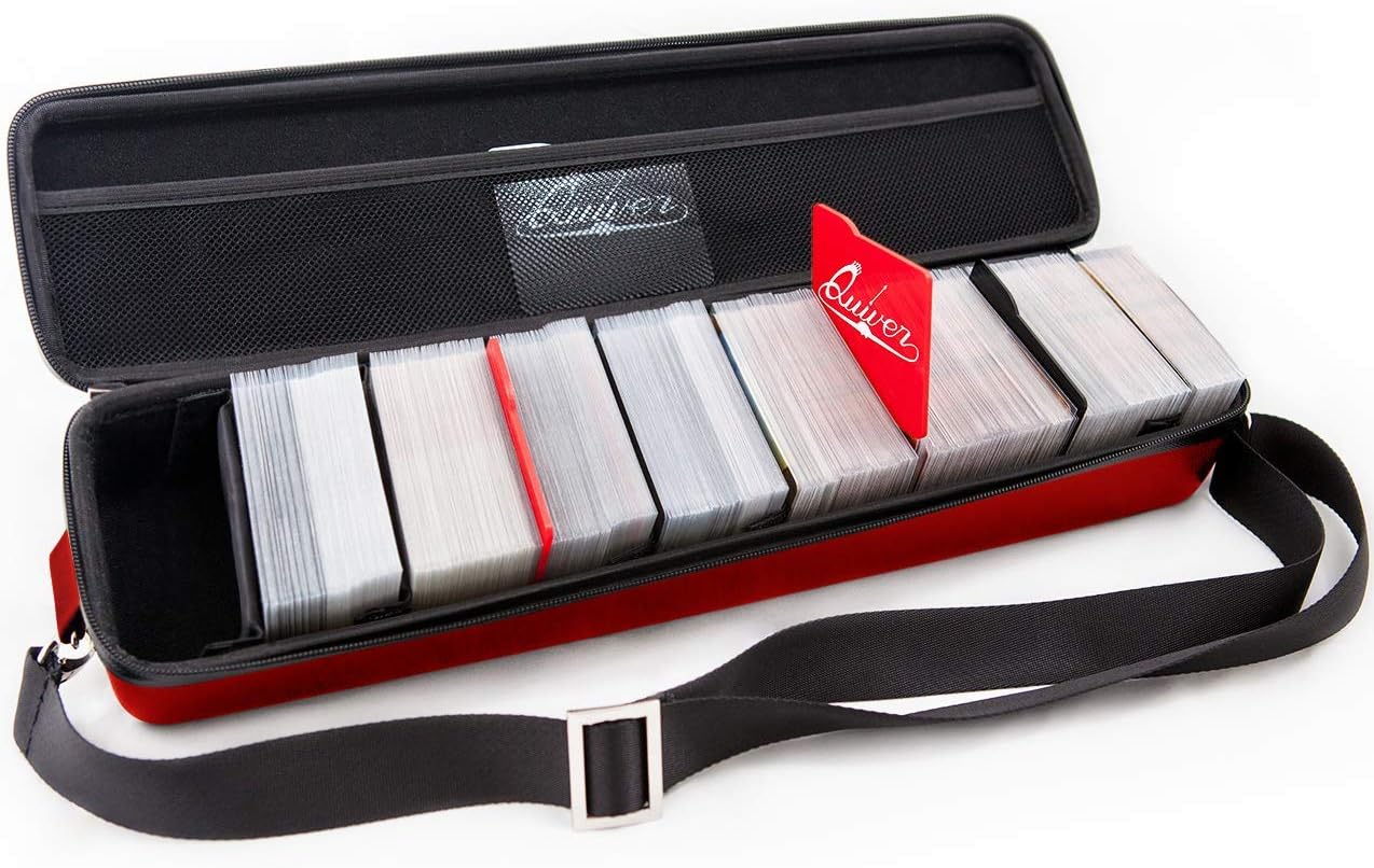 Quiver Time Red Quiver Card Carrying Case - TCG Cards Deck Box Holder for Trading Cards, MTG Bag Playing Card Case (+Wrist & Shoulder Strap, Dividers, Separators, Corner Pads + 100 Apollo Sleeves)