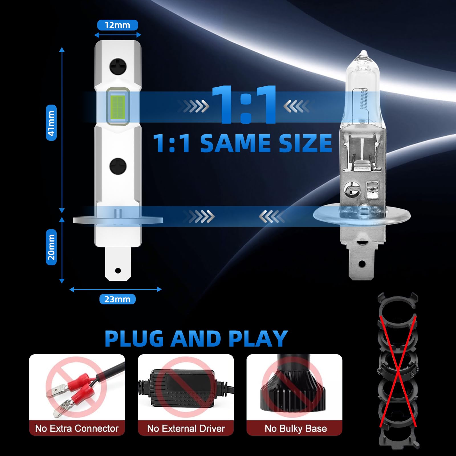 Sycreek H1 LED 30000 LM 100W – Kit de Conversion Phare Voiture/Moto 12V, Lumière Blanche Pure 6500K, 2*H1 LED Pièces, Remplacement Halogène Haute Luminosité