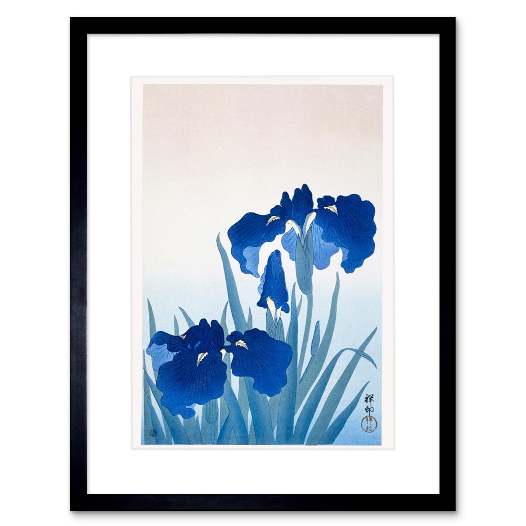 Wee Blue Coo Iris Flowers Ohara Koson Art Print Framed Poster Wall Decor 12x16 inch
