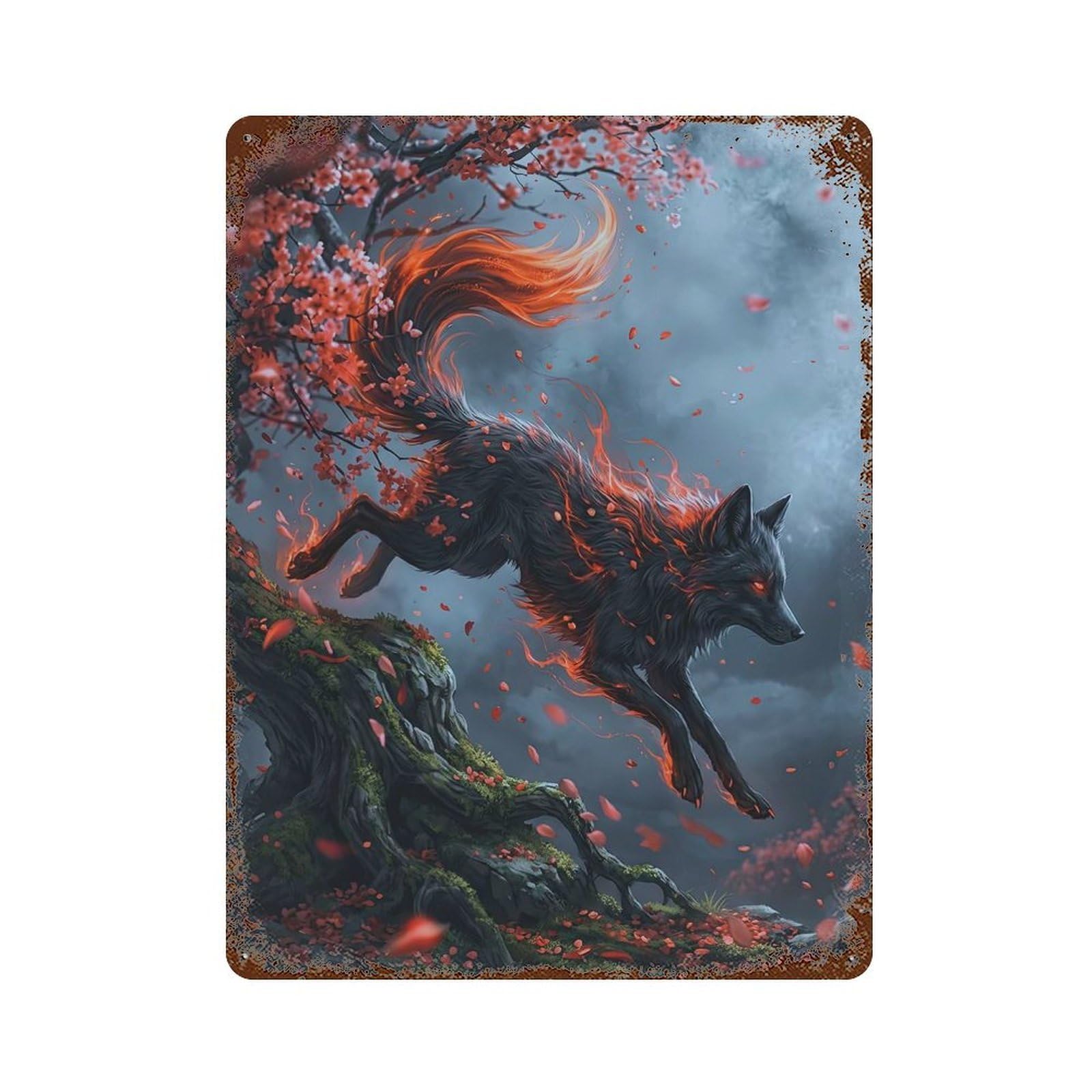 Fiery Fox Leaping Through Cherry Blossoms Decorative Tin Sign 15.7"x11.8", Vintage Wall Decor for Garage, Pub Or Kitchen