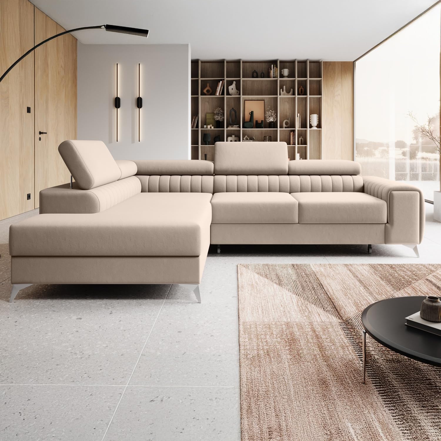 INTENSE DECO Canapé d'angle Gauche Convertible Isaac Velours Beige