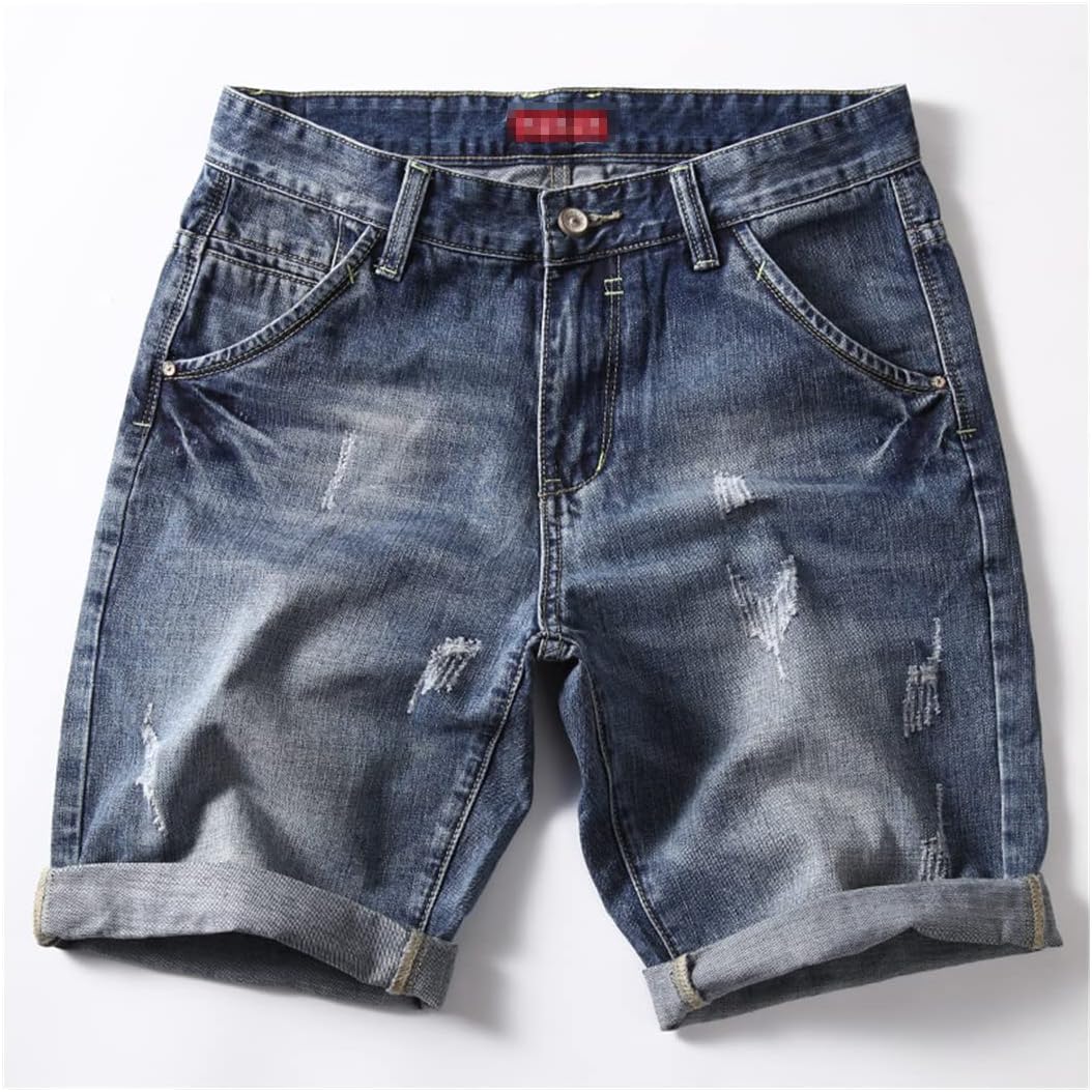 Men Summer Casual Slim Fit Ripped Blue Jeans Short Classic Denim Shorts