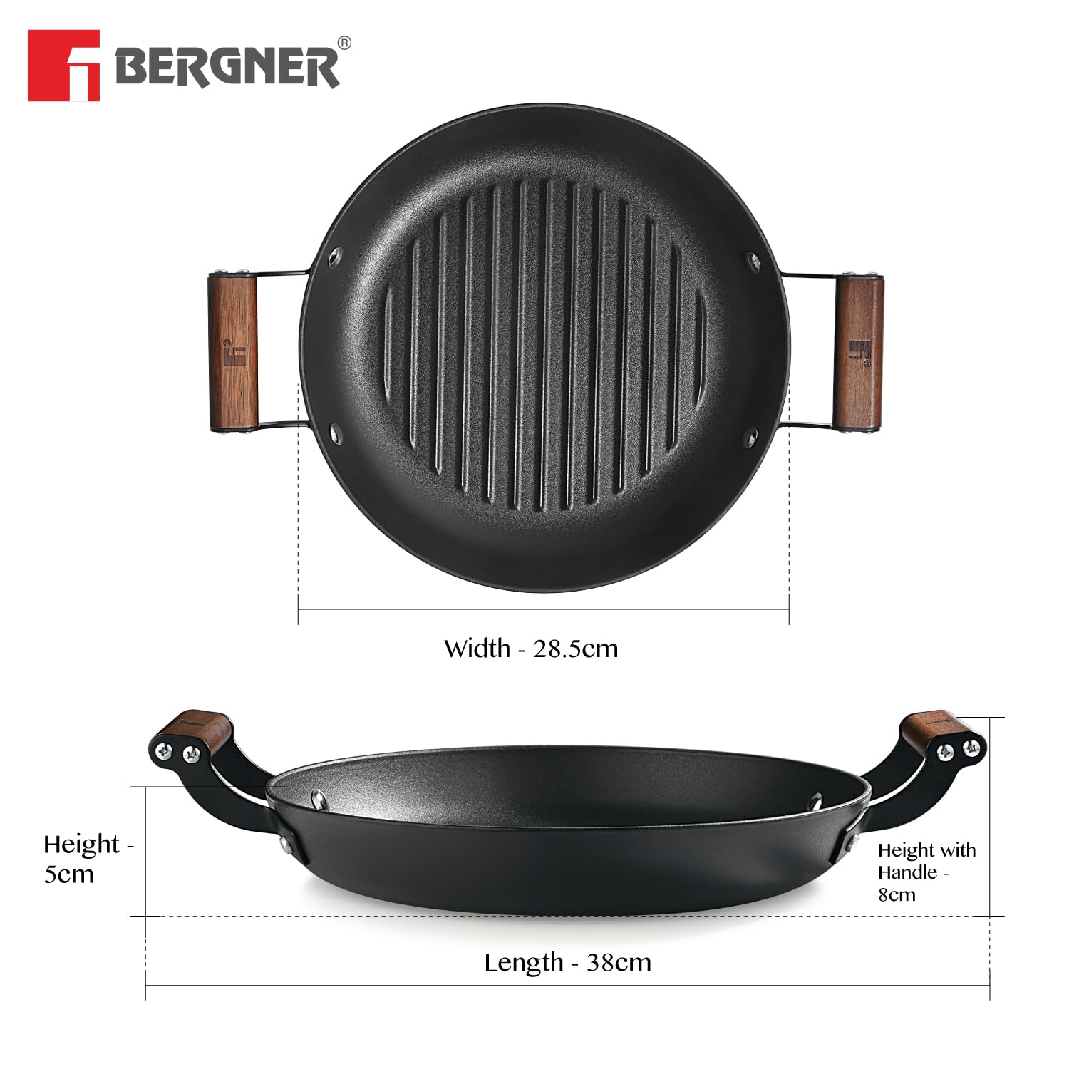 BERGNER Odin 28 cm Cast Iron Grill Plate, Round Grilled Plate with Wooden Coated Handle, for Barbeque/Tikka/Kebab/Skewer/Sandwich/Babeque/Grilled Wrap, Rust Proof, Induction and Gas Stove Ready 2