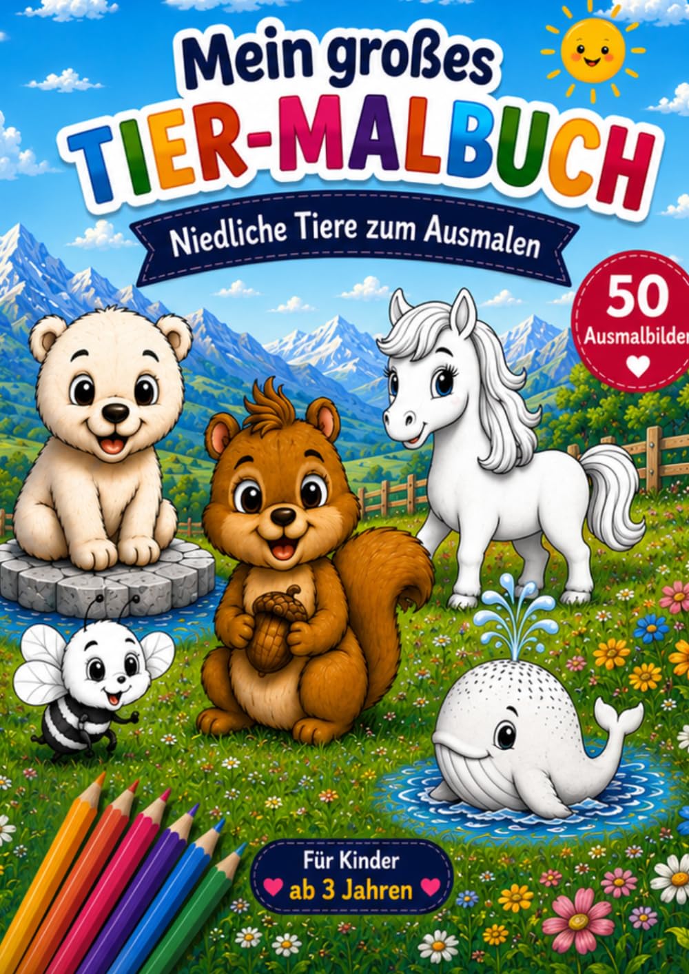 Mein großes Tier-Malbuch: 50 niedliche Tiere zum Ausmalen für Kinder ab 3 Jahren