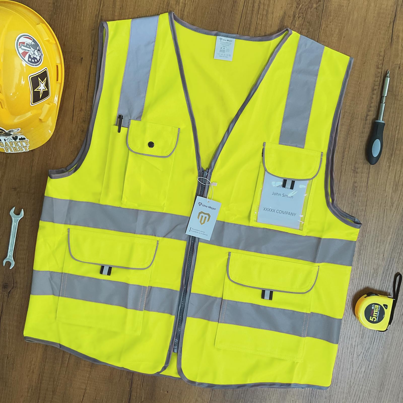 Uno Mejor 9 pockets High Visibility Full Zip Safety Vest for