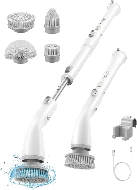 HiCOZY Electric Spin Scrubber Cordless Electric Cleaning Brush with Adjustable Extension Arm, Power Scrubber with 4 Replaceable Brush Heads, Bathroom Cleaner for Shower, Tile, Floor, Car