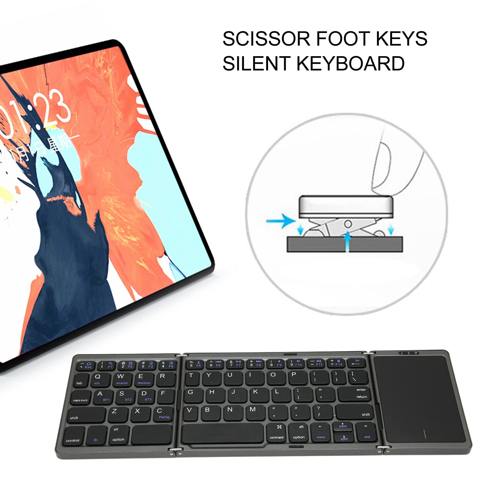 B089T Składana Klawiatura, Potrójnie Składana Przenośna Bezprzewodowa Klawiatura z Touchpadem, 64 Klawisze USB C Klawiatura Komputerowa dla Androida Laptop Tablet (Szary)