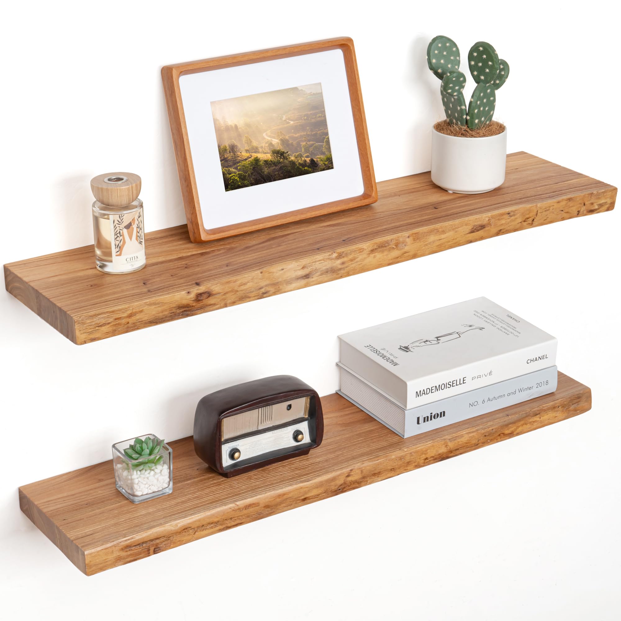 Wandregal als Wanddekoration, 2er Set, 80 cm Rustikale schweberegal Holz aus Massivem Ulmenholz mit Natürliche Kante und Verdeckter Wandhalterung, Geeignet für Wohnzimmer, Schlafzimmer und Küche