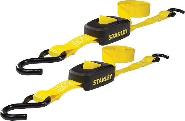 STANLEY S2001 Black/Yellow 1" x 10' Enclosed Cam-Buckle Tie Down Straps - 400 lb Safe Working Load / 1,200 lb Break Strength, 2 Pack