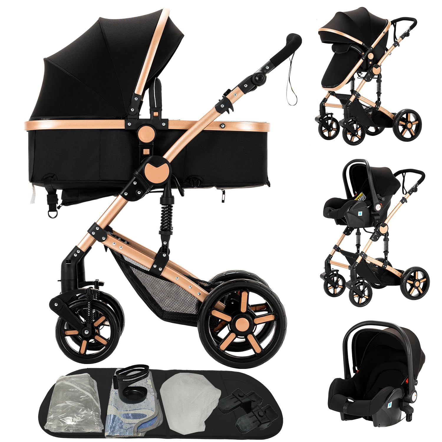 Carro Bebe 3 Piezas, Carrito Bebe 3 en 1 con Dos Modos de Empuje Reversibles, Cochecito Tres Piezas con Capazo Grande Cómodo, Carricoche Tres Alto Paisaje (588 Black Gold)