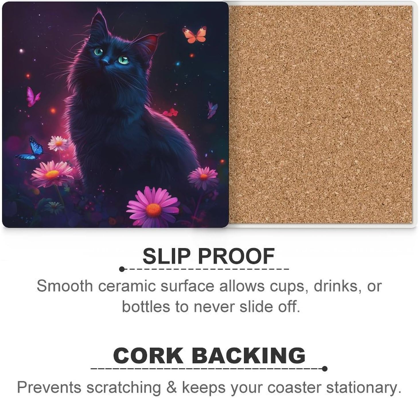 Black Cat Daisy Butterflies Coasters for Drinks Square Table Coasters Set Cup Mats with Cork Base