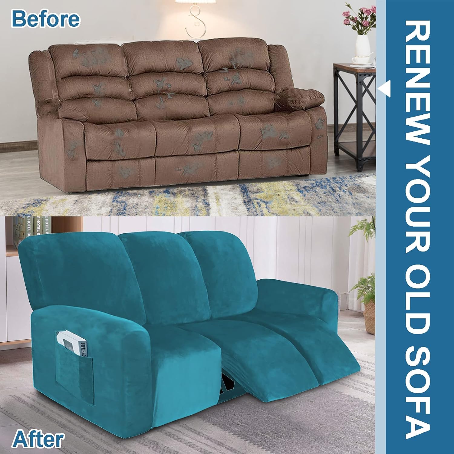 🛒 Crazy Deals 8-Pieces Velvet Recliner Covers Stretch 3 Sofa Reclining Couch Covers Home RV Theater Seating with Side Pocket, Washable Furniture Protector with Elasticity for Kids Pet, Thick Soft (Peacock Blue) Hot Deals 8-Pieces Velvet Recliner Covers Stretch 3 Sofa Reclining Couch Covers Home RV Theater Seating with Side Pocket, Washable Furniture Protector with Elasticity for Kids Pet, Thick Soft (Peacock Blue)