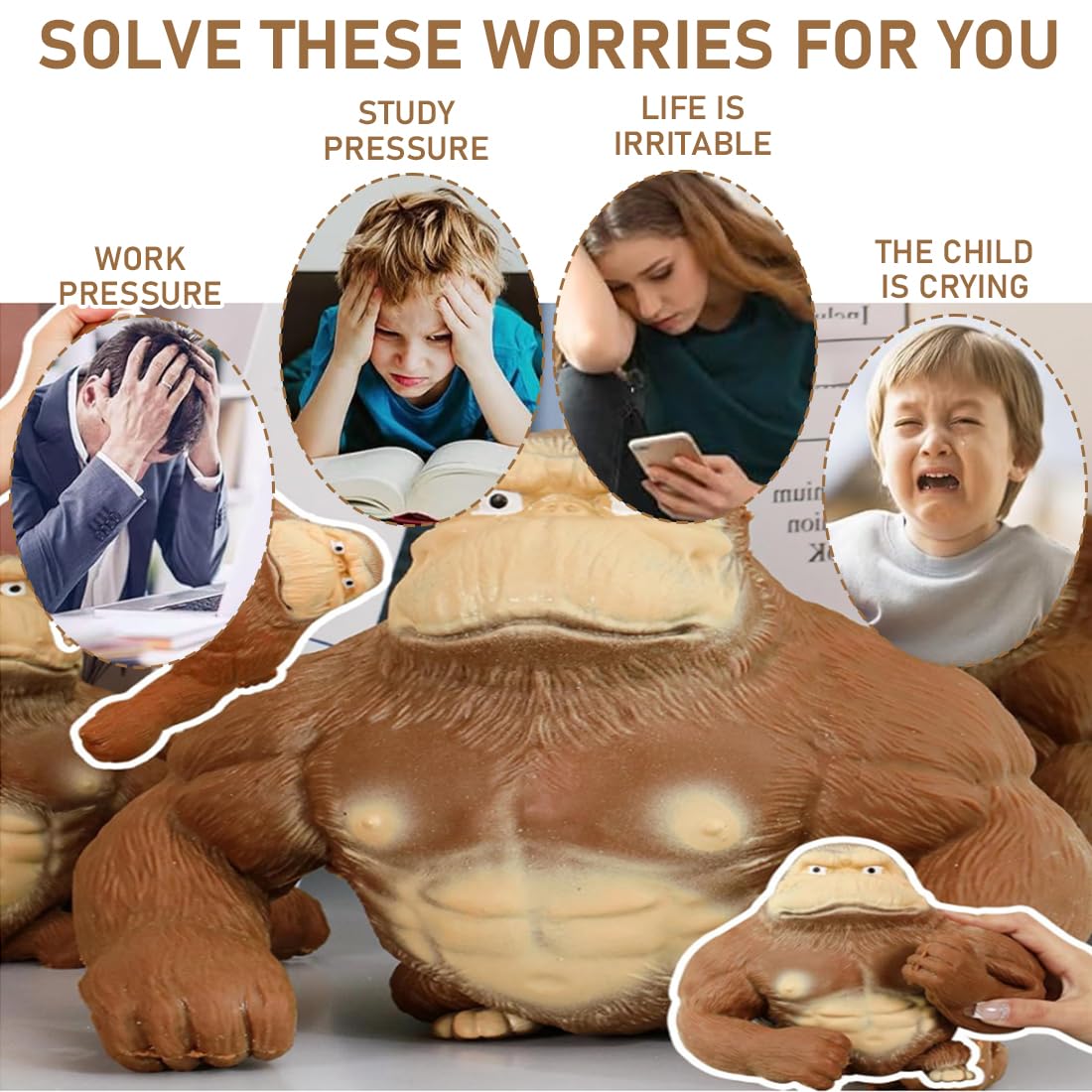 Pack De 4 Juguetes Anti-Estrés De Gorila – Elásticos E Indestructibles – Alivia La Ansiedad En Niños Y Adultos