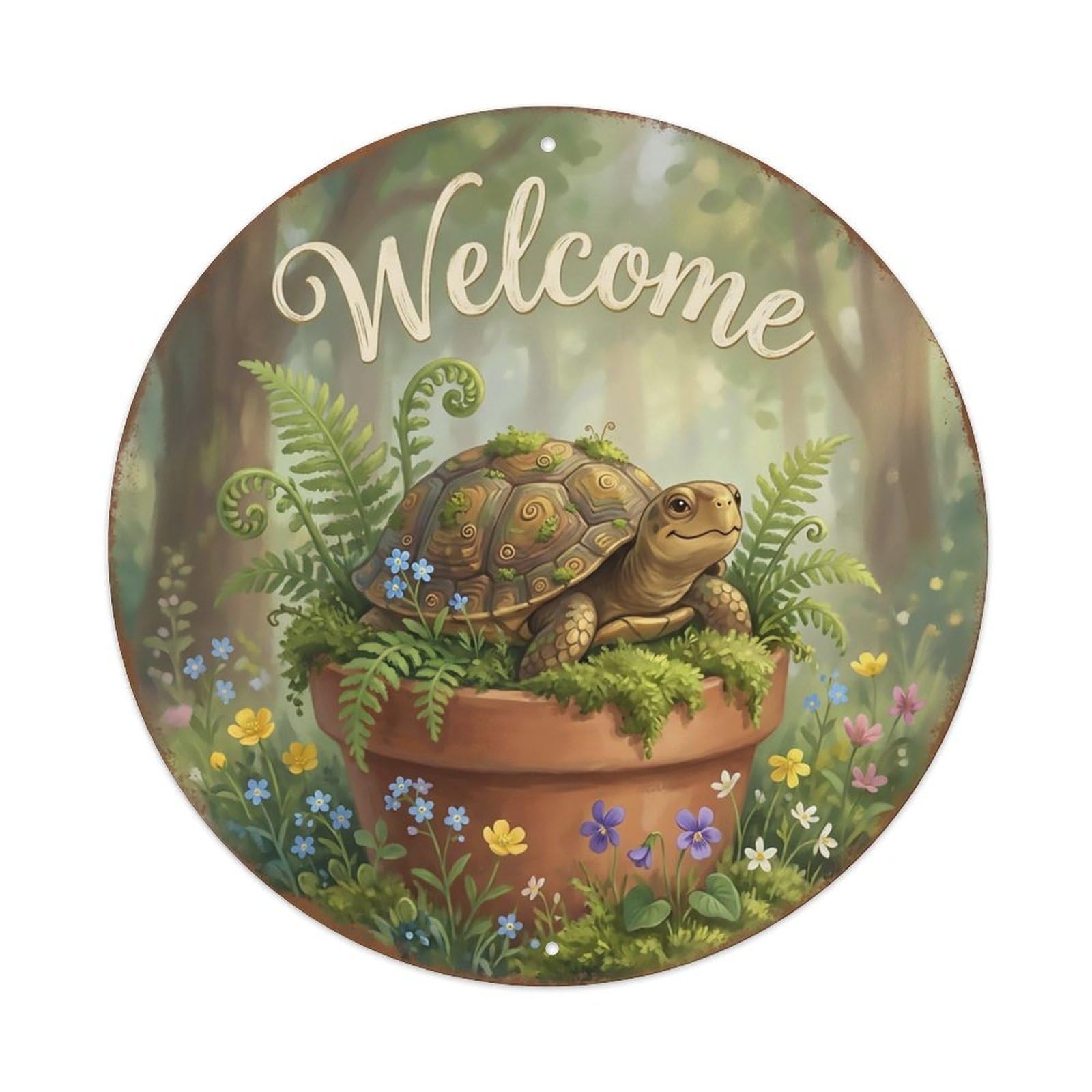 Welcome Turtle Fern Garden Metal Tin Sign