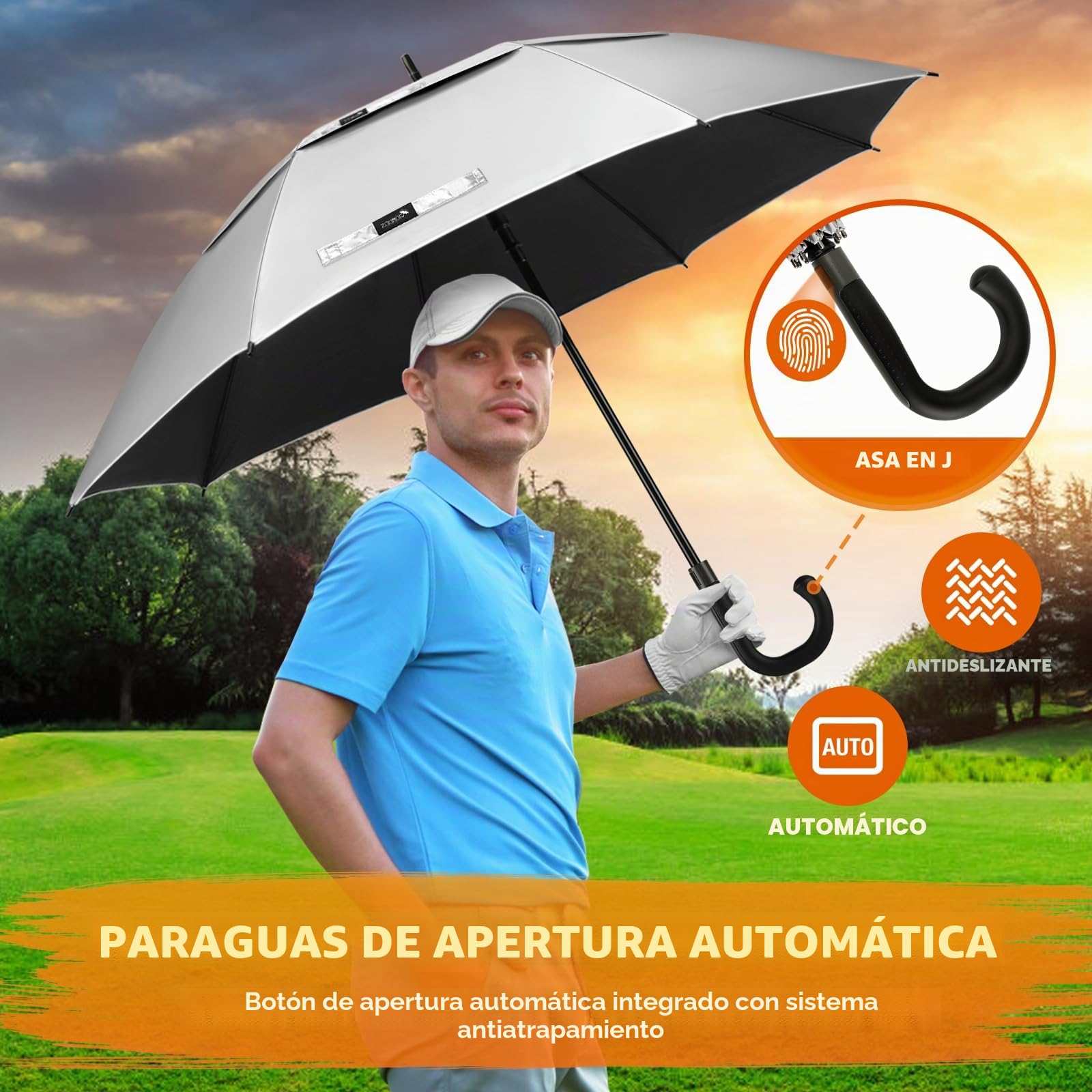 ZOMAKE Paraguas Golf Grande 54 Inch- Paraguas Proteccion UV Con Mango En J,Paraguas Golf Antiviento Auto-Abrir,Paraguas Trekking Para Mujeres Embarazadas Ancianos Y Niños(Plata Y Negro)