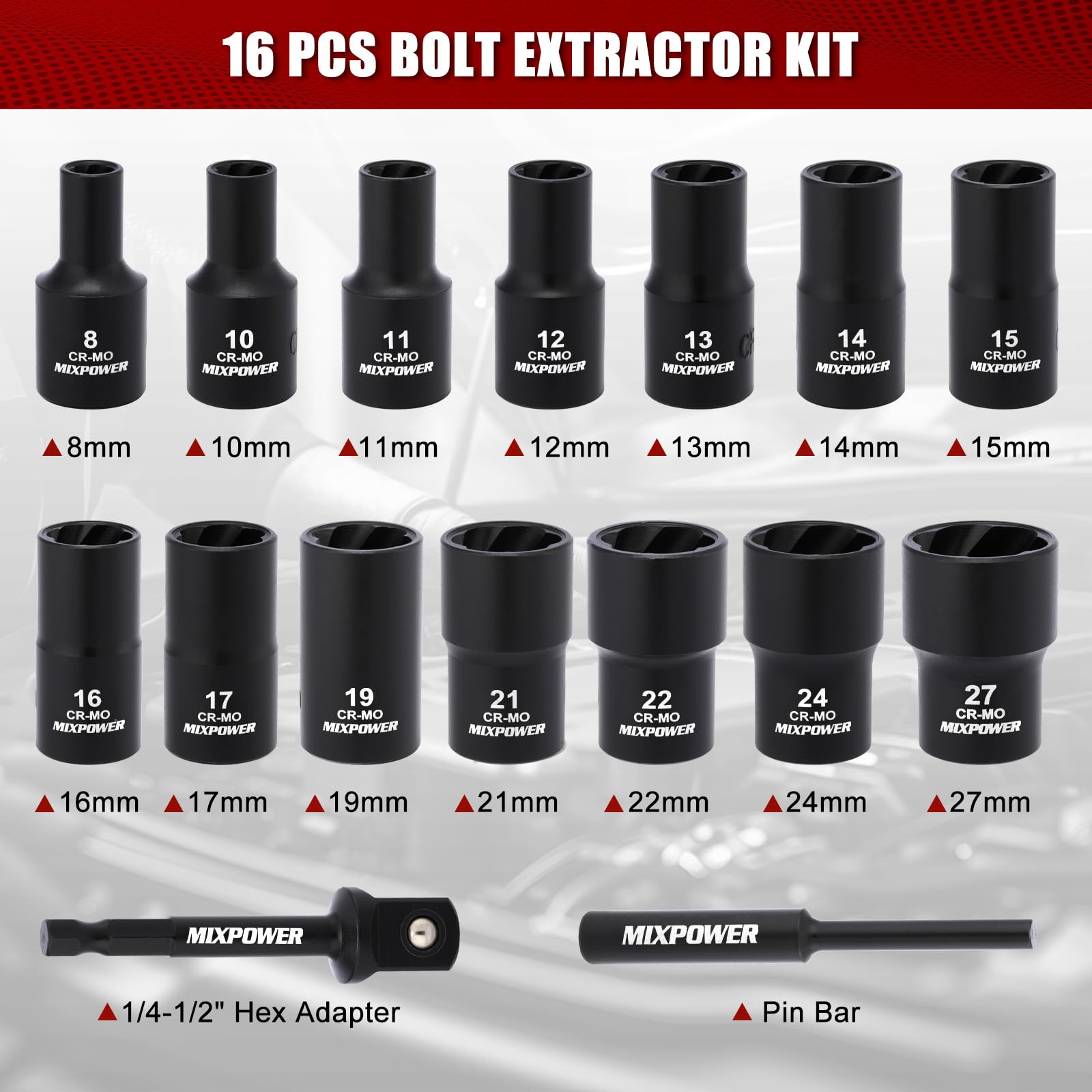 MIXPOWER 16 pezzi 1/2 pollici Drive Impact Bolt and Nut Extractor Socket Set, Stripped Lug Nut Remover Include Hex Shank Adapter & Pin Bar, per Removing Damaged Rusted Broken Rounded Fasteners Off