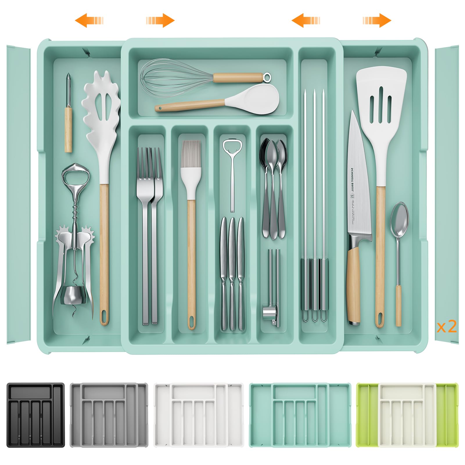 Silverware Drawer Organizer, Expandable Utensil Tray for Kitchen Drawers, Adjustable Plastic Cutlery Flatware Holder for Knife Fork Spoon with 8-10 Compartments (Large, Blue)